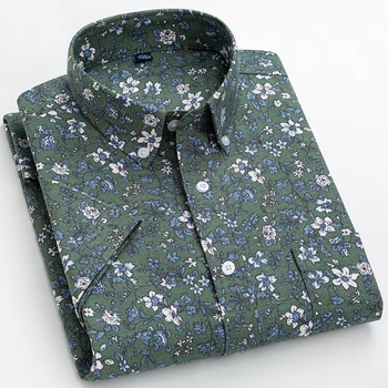 Moda verão estampa Floral de Algodão Oxford masculina de Manga Curta, Camisa de Vestido Vintage Impresso Ajuste Fino de Férias Casual Camisas de Botão