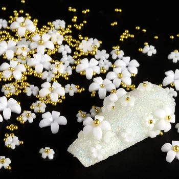 1/Saco de Acrílico Branco Flores de Ouro Prata Esferas de Unhas de Glitter Misto 3D Diamond Manicure Metal Strass Decoração de Unhas