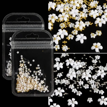 1/Saco de Acrílico Branco Flores de Ouro Prata Esferas de Unhas de Glitter Misto 3D Diamond Manicure Metal Strass Decoração de Unhas