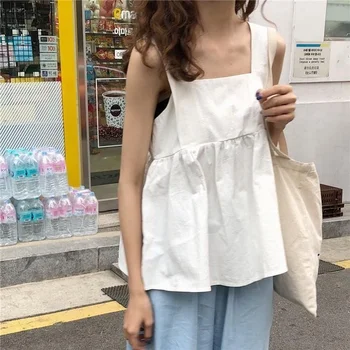 Camisolas As Mulheres Da Praça De Colarinho Doce Solta Camis Elegante Top Sem Mangas Alunos Tops Estilo Coreano De Verão Nova Mulher Da Moda