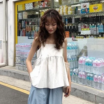 Camisolas As Mulheres Da Praça De Colarinho Doce Solta Camis Elegante Top Sem Mangas Alunos Tops Estilo Coreano De Verão Nova Mulher Da Moda