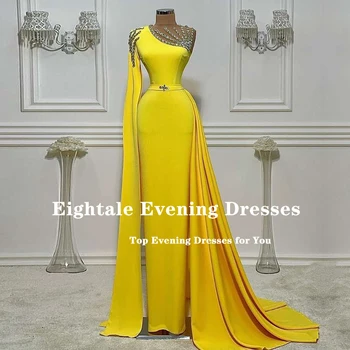 Eightale árabe Vestido de Noite Memaid Prom Vestido Frisado com Strass Feitos Mangas Amarelo Celebridade Vestido de Festa 2021