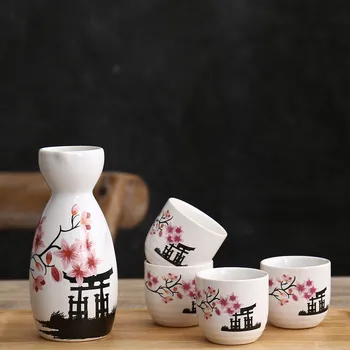 5Pcs/Set Japonês Cerâmica Sorte Gato Causa Garrafa de Vinho Criativo Maneki Neko Hip Flask Frasco de Licor Espíritos Copo do Vinho Copos