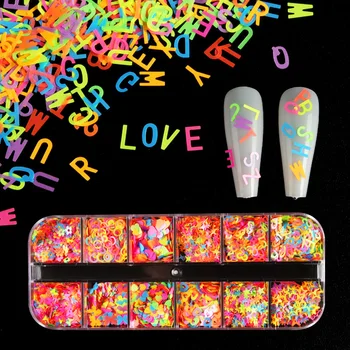 12 cores/Caixa Prego Artglitter Lantejoulas Fluorescente Borboleta, Estrelas o Amor Números de inglês 3d Designer Encantos Decorativa da Arte do Prego