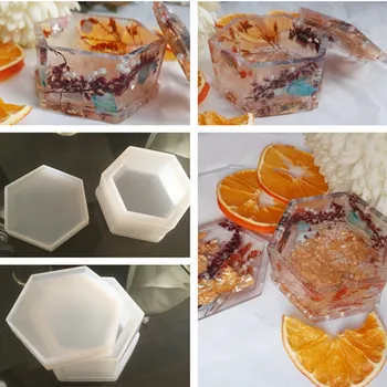 Caixa de jóias Molde de Silicone DIY de Cristal Epóxi Hexagonal de Armazenamento de Caixa de Argila Molde de Fazer a Jóia de Presente Caixa de Hexágono de Armazenamento de Caixa de Molde
