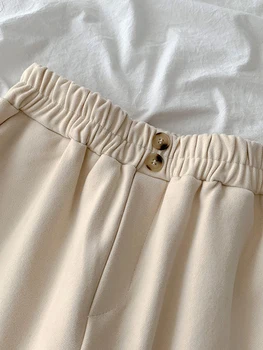 Calças para as Mulheres de Alta Elástico na Cintura Damasco Solta Lã Calças de Pano Feminino Casual Chic Reta Calças Mom Primavera de Fundos de