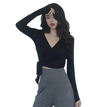 Sexy Slim V-pescoço Envolto Crop Tops Para as Mulheres a Moda Romance Sólido de Cor de mangas compridas T-shirts Sexy camisa coreano Pano