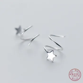 Genuíno de Prata 925 Estrela Pentagrama Ossos do Ouvido Orelha Fivela de Rotação de Onda Mini Brincos para Mulheres de Personalidade Jewelrry