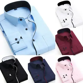 Dos Homens de moda Elegante Camisa Casual Camisa de Homens de Negócios de Ajuste Fino de Manga Longa de Cor Sólida Formal Tops Branco Rosa Azul claro