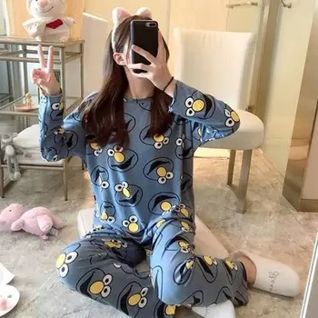 Para as Mulheres, Calças Casuais, Pijamas Kawaii Pijamas Senhoras de Manga Longa Quente Mulher Homewear terno 2020 Outono Cartoon Pijama Conjunto