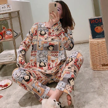 Para as Mulheres, Calças Casuais, Pijamas Kawaii Pijamas Senhoras de Manga Longa Quente Mulher Homewear terno 2020 Outono Cartoon Pijama Conjunto