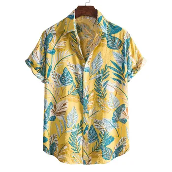 2021Summer Homens de Camisa de Manga Curta Floral Solto e Casual Havaiano Férias de Praia Camisa Tops Botões da Blusa Estilo Nacional рубашка Y4