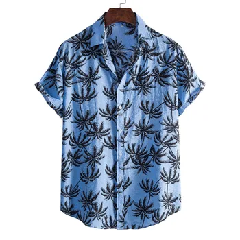 2021Summer Homens de Camisa de Manga Curta Floral Solto e Casual Havaiano Férias de Praia Camisa Tops Botões da Blusa Estilo Nacional рубашка Y4