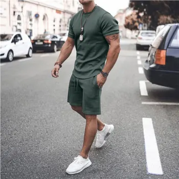 Verão, Moda masculina Terno Novo Estilo do Algodão dos Homens Casual Manga Curta Camisa T-Shirt+Calções de Exercício de 2 peças Sportswear Jogger