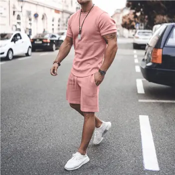 Verão, Moda masculina Terno Novo Estilo do Algodão dos Homens Casual Manga Curta Camisa T-Shirt+Calções de Exercício de 2 peças Sportswear Jogger