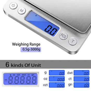 Escala da Cozinha de digitas 3000g/0,1 g Pocket Escala de Alimentos 6 Unidades de Conversão de Grama Escala com 2 Bandejas de LCD Função de Tara Escala de Jóias