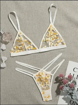 A moda do sutiã do conjunto de Mulheres sexy Bordado de lingerie Fio gratuita lingerie transparente Bordado de Malha Pura Lingerie Conjunto