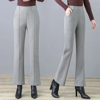 Micro Trombeta Tweed e Calças para Mulheres de Alto Cintura Solta, Fina e Elegante Simples Micro Lama Espessada Casual Calças