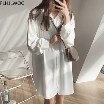 Coreia Chic Feminino Vestidos Das Mulheres Da Moda Sólido Branco Único Breasted Botão Casual Solta Plus Size Namorado Shirt Dress