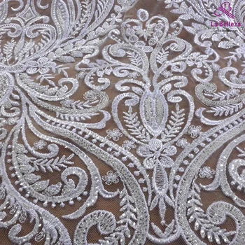 La Belleza Pura frisado branco tecido de renda, de noiva laço de tecido de poliéster com clara de lantejoulas grandes padrões de tecido de renda 1 jarda