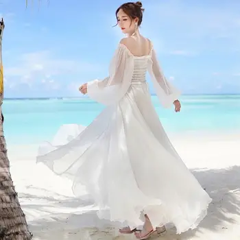 2021 Nova moda de Verão de mulheres de vestido Branco Elegante de Fadas Chiffon Off Ombro Maxi Manga Longa Sexy de Praia Vestidos de Boho