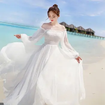 2021 Nova moda de Verão de mulheres de vestido Branco Elegante de Fadas Chiffon Off Ombro Maxi Manga Longa Sexy de Praia Vestidos de Boho