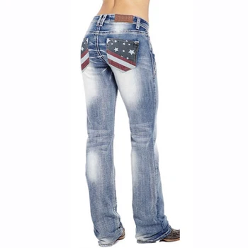 Bandeira americana Trecho Lavado Bootcut Mulheres, calças de Brim Slim Reta Calças Casuais Cintura Alta Jeans Calças para as Mulheres A66