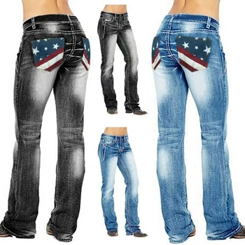 Bandeira americana Trecho Lavado Bootcut Mulheres, calças de Brim Slim Reta Calças Casuais Cintura Alta Jeans Calças para as Mulheres A66