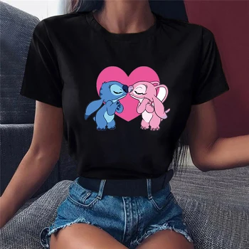 Kawaii Disney Stitch das Mulheres T-shirts de Verão Cartoon Curta Sleve O-Tops com decote Estilo Doce Camiseta de Moda Feminino Oversized T-Shirt