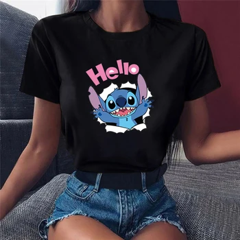 Kawaii Disney Stitch das Mulheres T-shirts de Verão Cartoon Curta Sleve O-Tops com decote Estilo Doce Camiseta de Moda Feminino Oversized T-Shirt