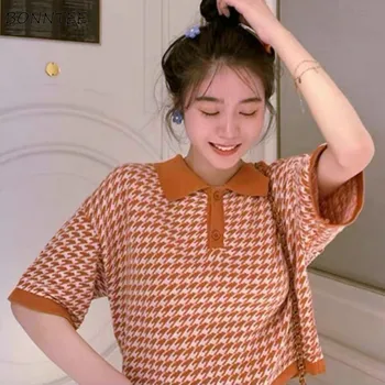 Verão T-shirt das Mulheres Botão Doce Kawaii Cortada Estudante de confecção de Malhas Geométricas Feminino, Moda, Roupas Retrô Estilo coreano Macio Ins