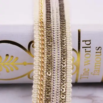 10Yard de Ouro de Lantejoulas Cadeia Laço de Fita Paillette de Lantejoulas Tecido Têxteis-Lar da Correia de Acessórios para o Cabelo de DIY camellia lace Costura Applique