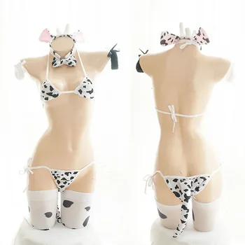 Mulheres Sexy Vaca Cosplay Traje de Três pontos do Biquini Maiô Anime Meninas trajes de Banho Roupas de Lolita de Sutiã e Calcinha Conjunto de Camisola