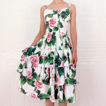 Plus Size de Alta Qualidade, Designer de Moda Verão Nova Mulher Elegante Flor de Rosa Impressão de Partido de Praia de Férias Casual Slim Funda Vestido