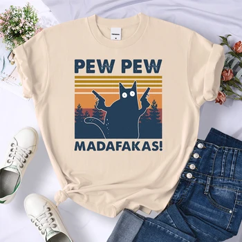 Pew Pew Madafakas de Impressão de T-shirts Mulheres de Verão 2021 Gráfica Tees Engraçado Camisas Para a mulher camisetas Gola Solta Harajuku Tops