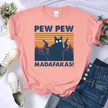 Pew Pew Madafakas de Impressão de T-shirts Mulheres de Verão 2021 Gráfica Tees Engraçado Camisas Para a mulher camisetas Gola Solta Harajuku Tops