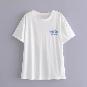 A coleção primavera / verão meninas solto branco de algodão T-shirt dos desenhos animados carta de impressão casual, O decote simples tees
