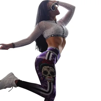 SALSPOR das Mulheres da forma do Crânio de Impressão Esporte Yoga Calças de Cintura Alta Push-Up de Alta Elástico Fino e Respirável Mujer de Fitness Legging