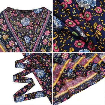 Mulheres Boêmio de Férias de Verão, Vestidos de Celmia Vintage Floral Impressão de Manga Curta, Decote em V Sundress Casual Lace-up Maxi Vestidos Manto