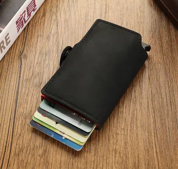 RFID Negócio Titular do Cartão de Crédito Homens Multifunções Automático de Liga de Alumínio de Couro Cartões de Caso Mini Carteira Slim Bolsa da Moeda