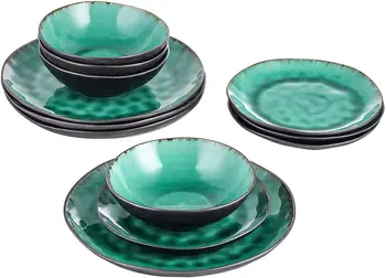 VANCASSO Coco de 12 peças de Cerâmica de Grés Look Vintage de Cerâmica Verde Dinnerware Conjunto com 4*Placa de Jantar,Prato de Sobremesa,Bowl Conjunto