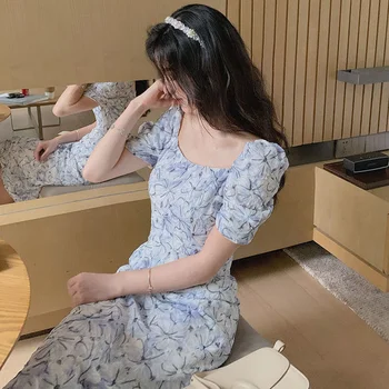 Feminino Senhoras 2021 Verão Chique Vestido De Uma Peça Coreano De Manga Curta Elegante Vestido Midi Mulheres De Design Floral Vintage Vestido