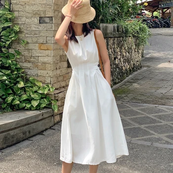 Nova Verão De Estilo Francês Sem Mangas Mulheres Slim Moda Maré Designer Pista Chic Casual, Vestido Branco