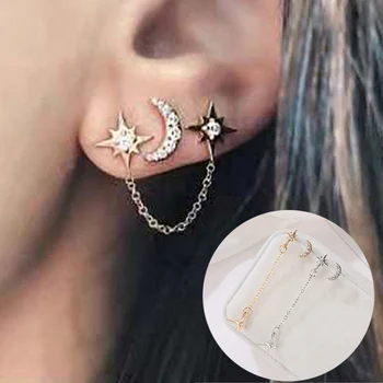 1 Par Adorável de Ouro de Aço Inoxidável Duplo Estrelas, Lua Brincos para Mulheres coreano Brincos Conjunto de 3 Furo da orelha Acessórios de Jóias