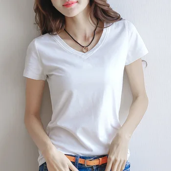 O coreano T-Shirt Manga Curta feminina Verão Slim Nova T-shirt de Algodão das Mulheres sólido em torno do pescoço de cima coreano versátil inferior camisa