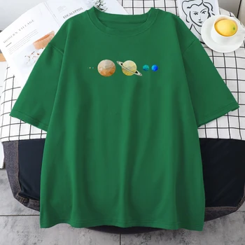 Lado A Lado Planetas Impresso T-Shirt Mulher Moda Tripulação Pescoço Camiseta Criatividade Respirável Camisetas Engraçadas De Rua Da Mulher Tshirt