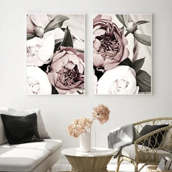 Nordic cor-de-Rosa Flor Branca da Folha da Planta Cartaz de Impressão de Tela de Pintura de Parede de Arte Moderna de Imagem para Decoração sala de estar