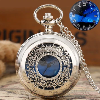 Preto/Prata Azul Estrelado Dial Pingente Retrô Oco Caso de Quartzo Relógio de Bolso Numerais Romanos Relógios da Lembrança para Homens Mulheres