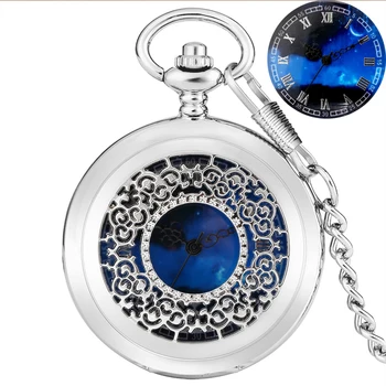 Preto/Prata Azul Estrelado Dial Pingente Retrô Oco Caso de Quartzo Relógio de Bolso Numerais Romanos Relógios da Lembrança para Homens Mulheres