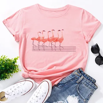 Plus Tamanho S-5XL TShirt Nova Flamingo Imprimir T-Shirt das Mulheres Camisas Algodão, O Pescoço Manga Curta Tees Verão Tops Animal T-Shirts